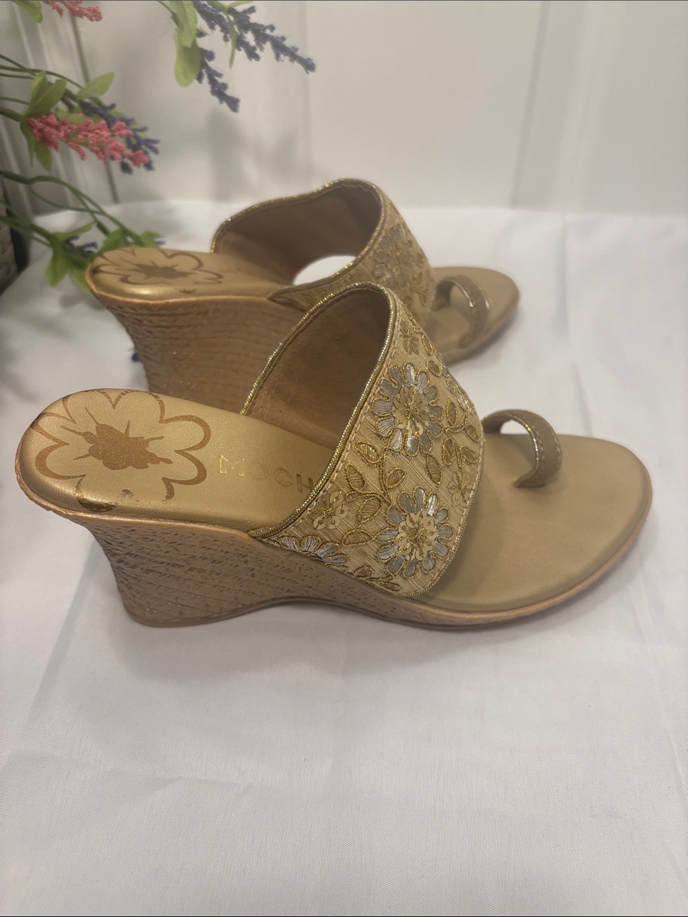 Embroidered Metallic Gold Slide Mules with Toe Loop - Picture 3 of 7
